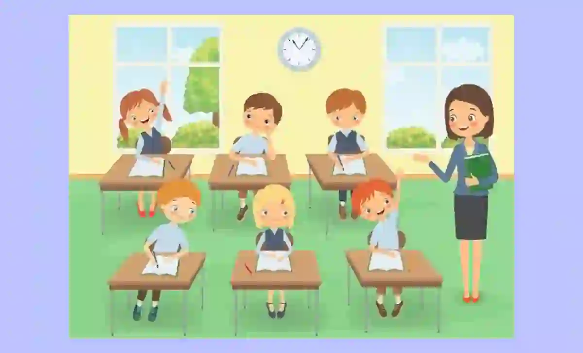 Animation of teacher and students in the classroom.
