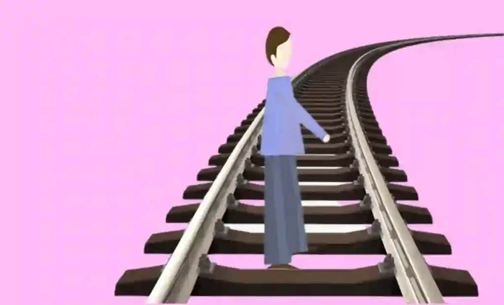 Hindi Hasya Kahani: An animated man on the rail track.