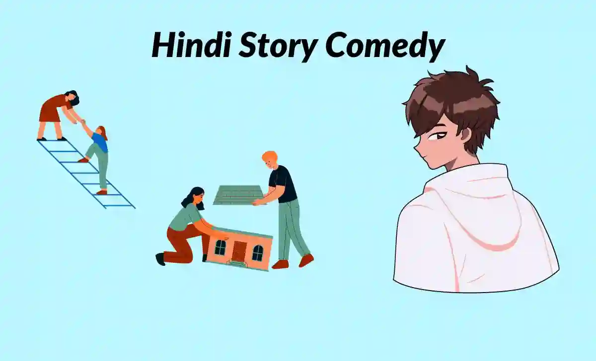 Hindi Story Comedy text is written on the animation of a boy helping others.