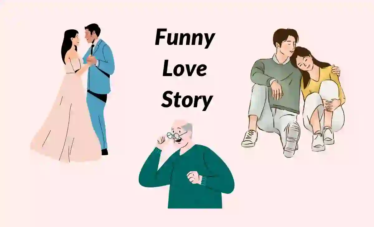 Text written Funny Love Story on an animated couple and old man image